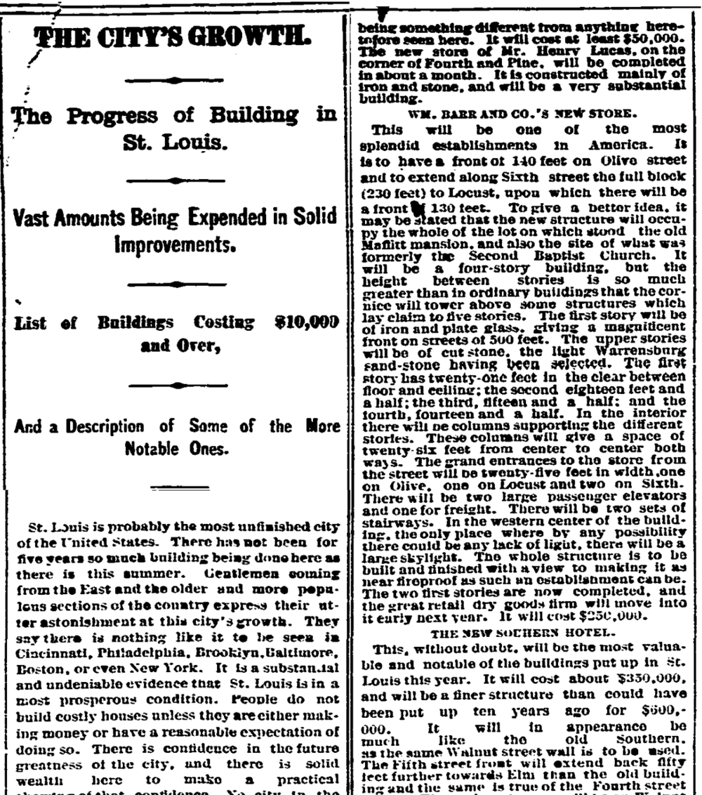 The top half of the article "The City's Growth: The Progress of Building in St. Louis" in the St. Louis Post-Dispatch